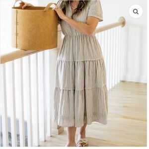 Cynthia Rowley Linen Striped Tiered Maxi Dress. Brown and beige. NWOT. Size L.